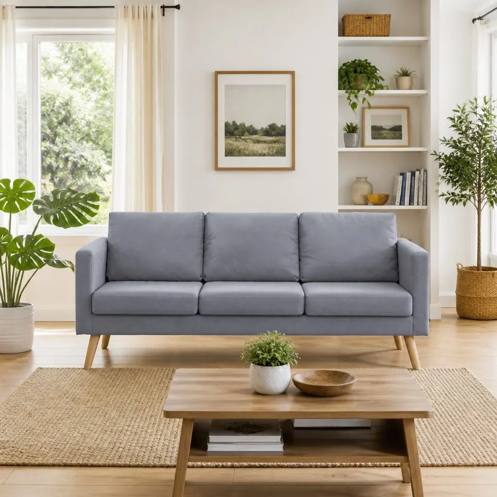 3-Seater Sofa Grey Fabric Couch Living Room Furniture Padded Cushions Removable