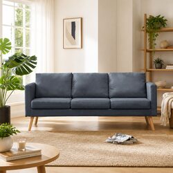 3-Seater Sofa Grey Fabric Couch Padded Cushions Removable Covers Living Room