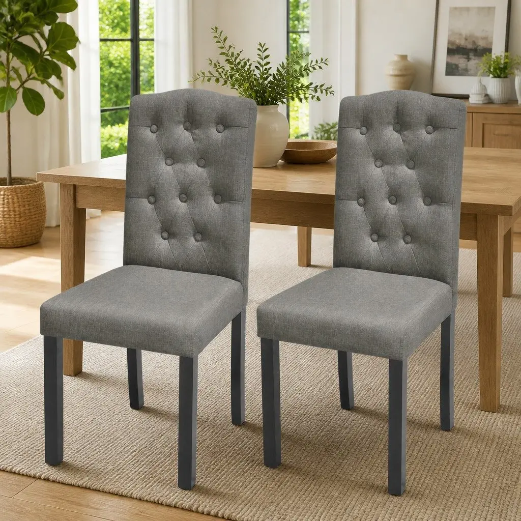Dining Chairs Set of 2 Grey Upholstered Kitchen Seating Wooden Legs