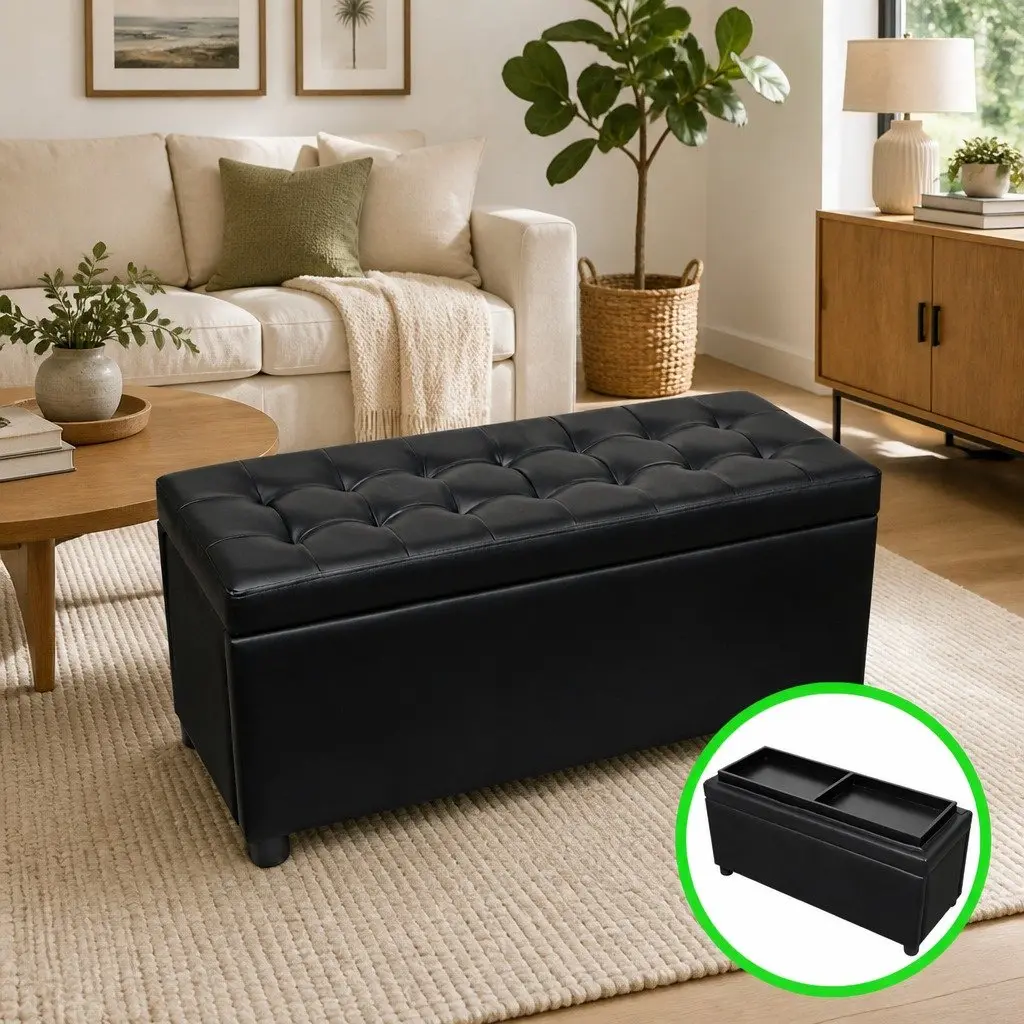 Ottoman Storage Bench Extra Seating Black Faux Leather Footstool Coffee Table