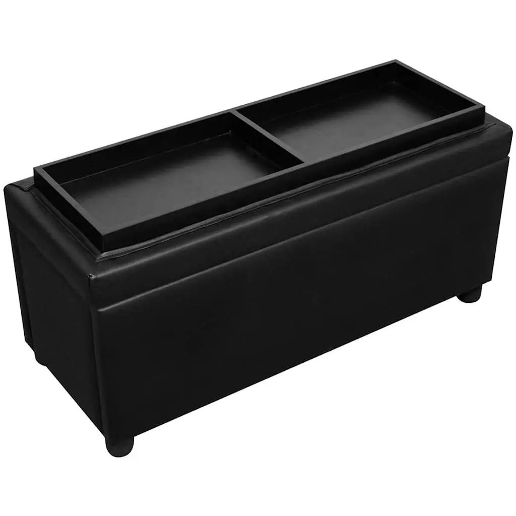 Ottoman Storage Bench Extra Seating Black Faux Leather Footstool Coffee Table