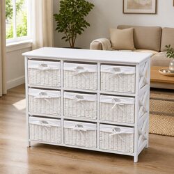 Storage Cabinet with 9 Woven Baskets White Organizer Unit Bedroom Living Room