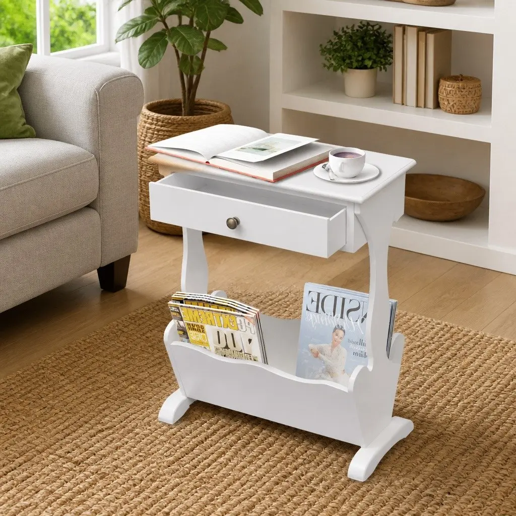 White Magazine Rack with Ample Drawer Space