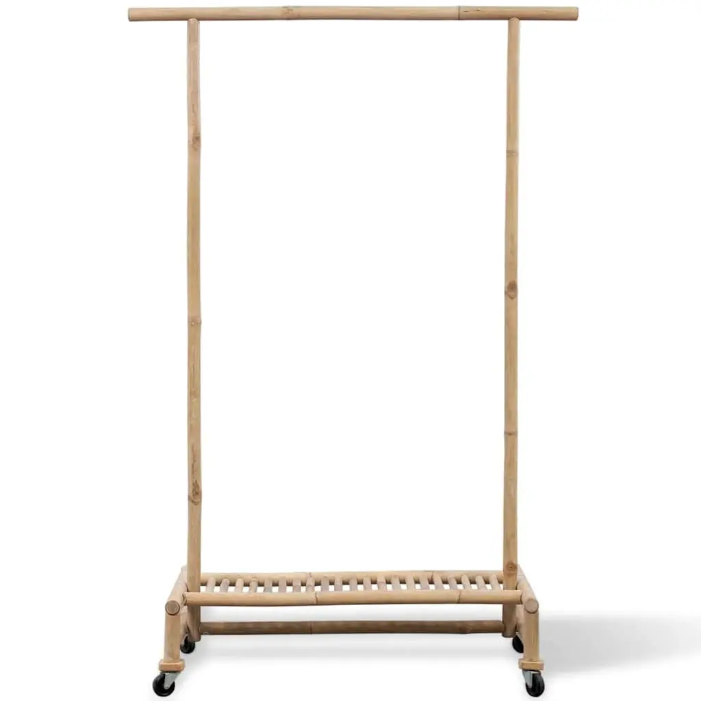 Bamboo Clothes Rack Garment Storage Organiser with Shelf Castors Brown