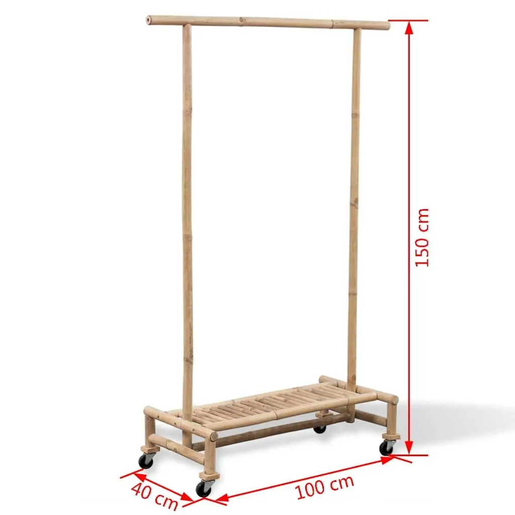 Bamboo Clothes Rack Garment Storage Organiser with Shelf Castors Brown