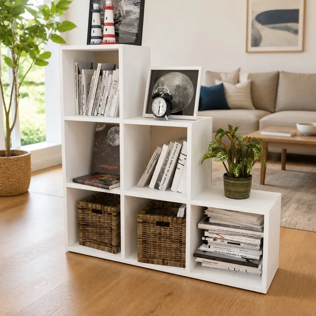 Staircase Bookcase Display Shelf Unit 107cm White 6 Compartments