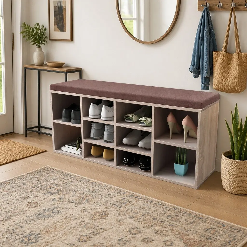 Brown Shoe Bench with 10 Storage Compartments