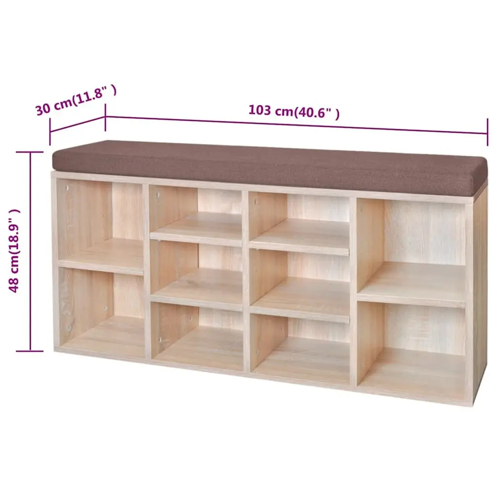 Brown Shoe Bench with 10 Storage Compartments