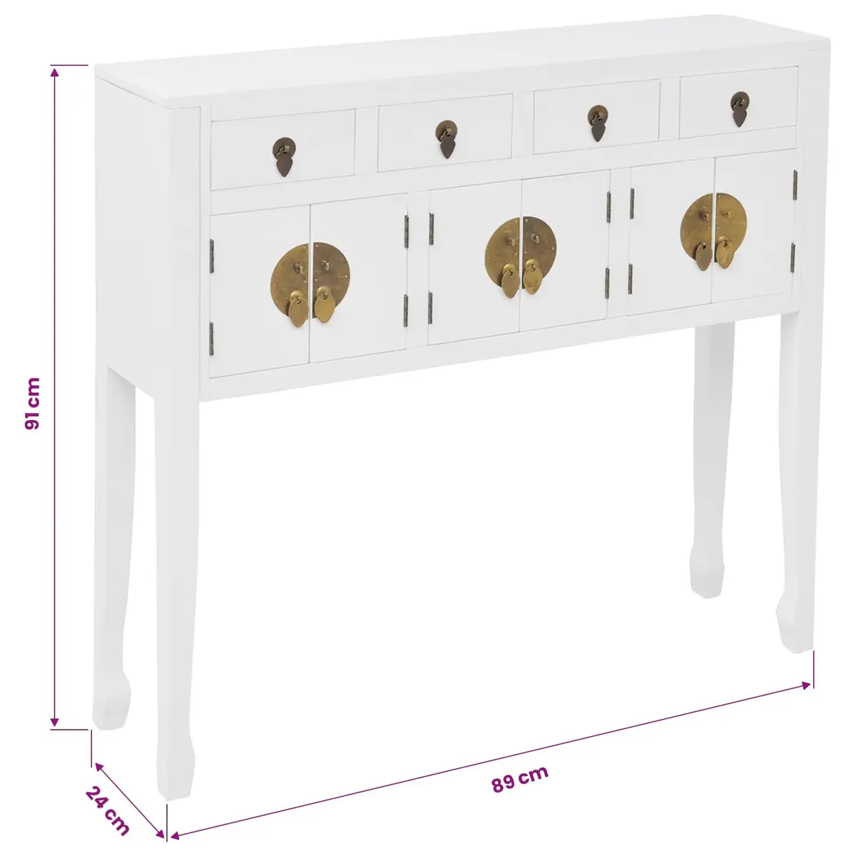 Sideboard Asian Style Solid Wood White Storage Cabinet 4 Drawers 3 Cupboards
