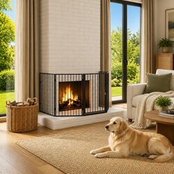 Warm Black Steel Fence for Pet Safety Around Fireplaces