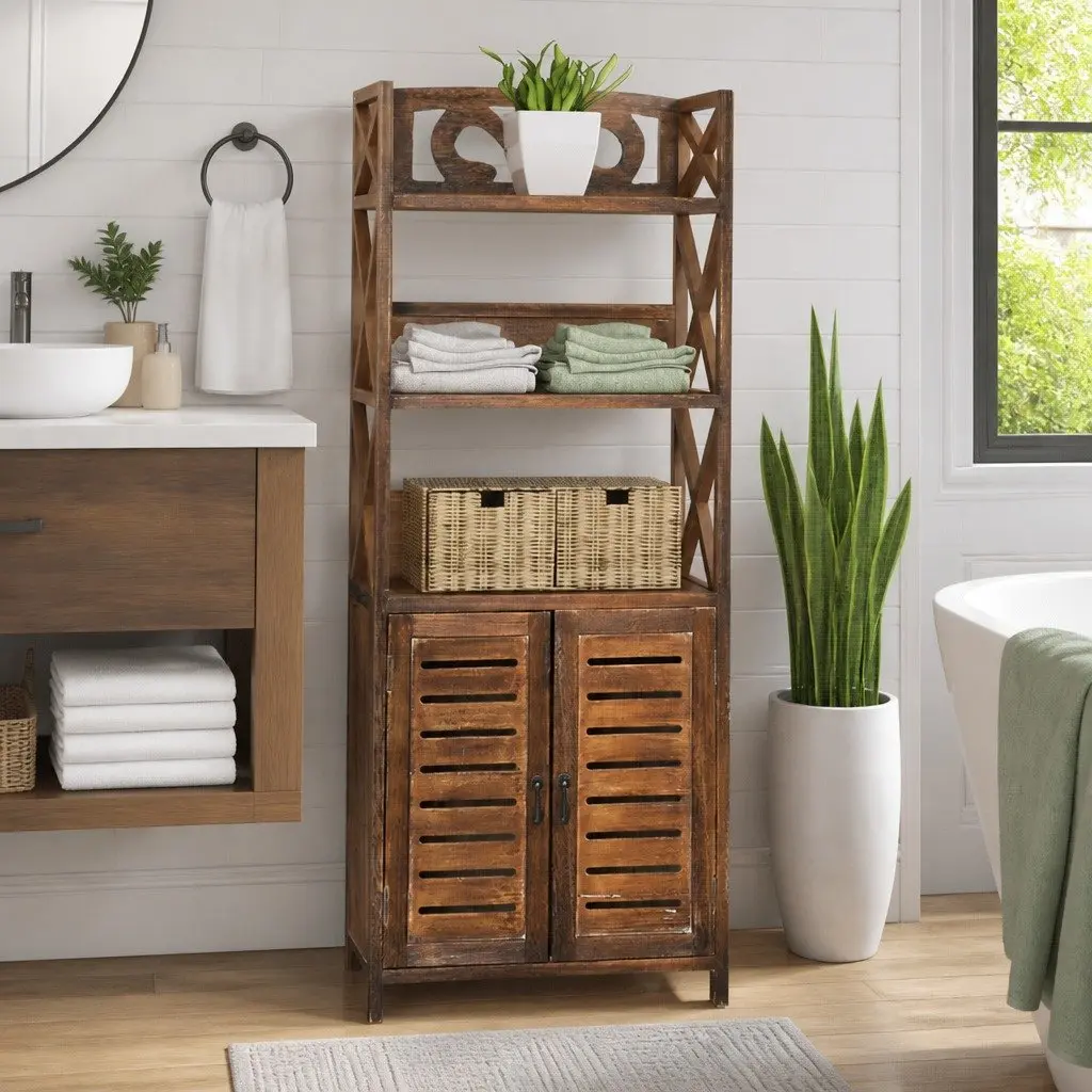 Bathroom Cabinet Storage Cupboard Floor Standing 46x24x117.5cm Brown Wood