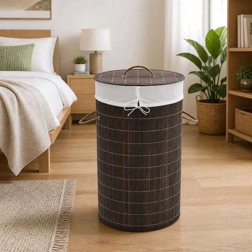 Bamboo Round Laundry Bin Hamper with Removable Liner Brown