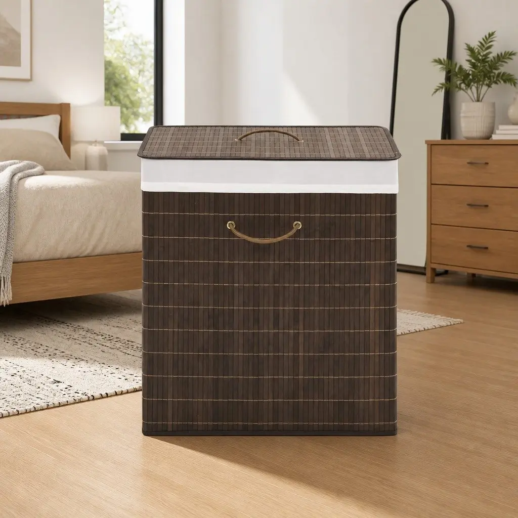 Bamboo Laundry Bin Rectangular Household Storage Organizer Brown
