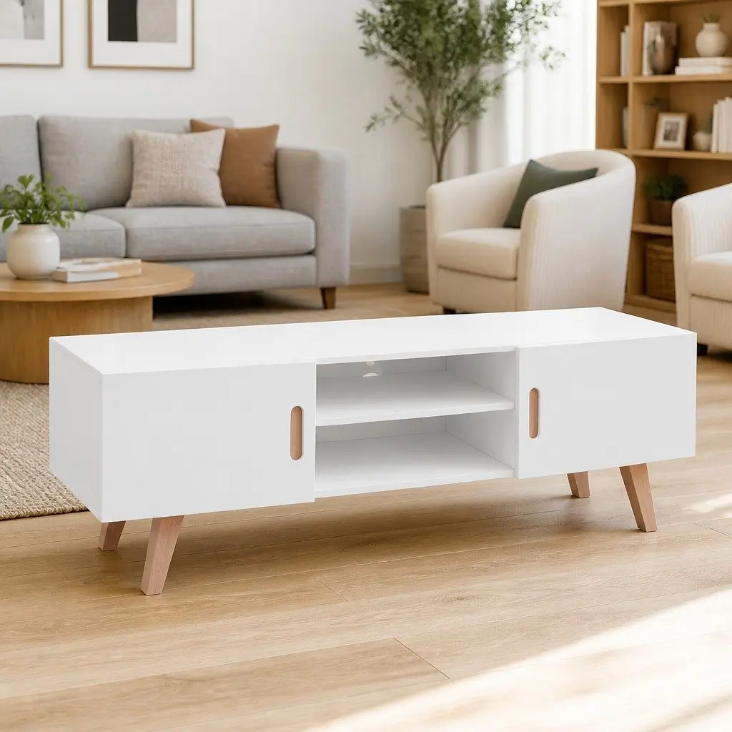 TV Stand Storage Cabinet Entertainment Unit MDF High Gloss White 150 x 35 x 48.5 cm