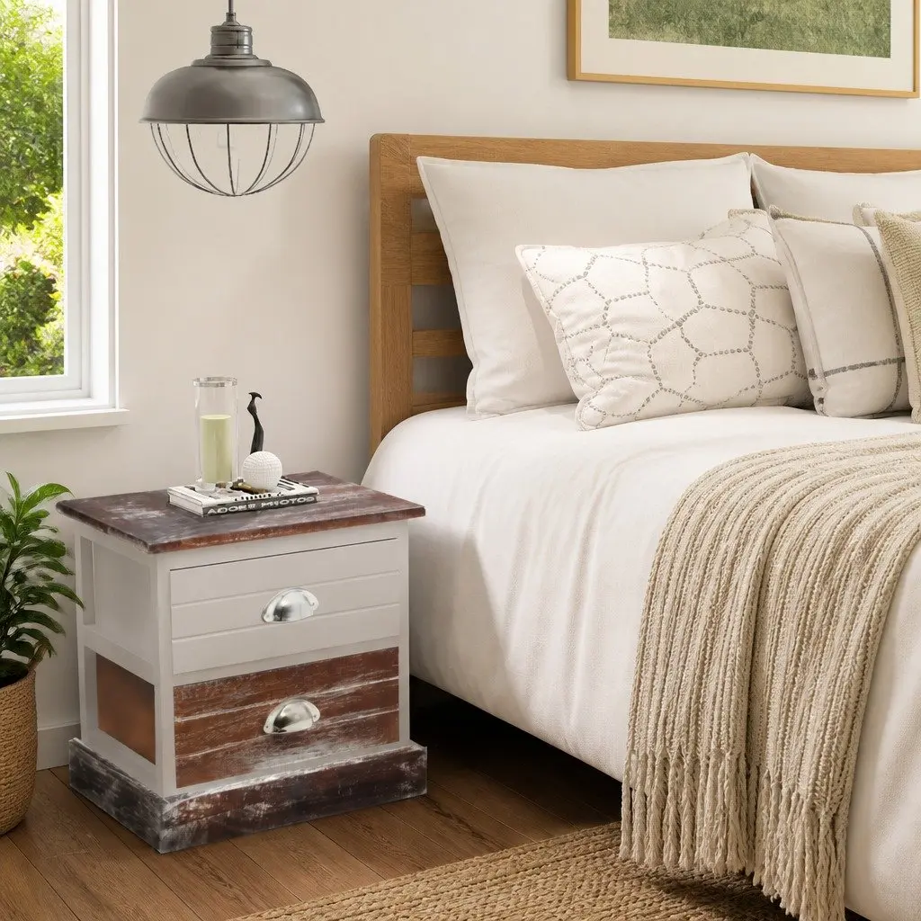 French Country Style Nightstand Set 2 pcs Drawer Storage Brown Bedside Cabinets