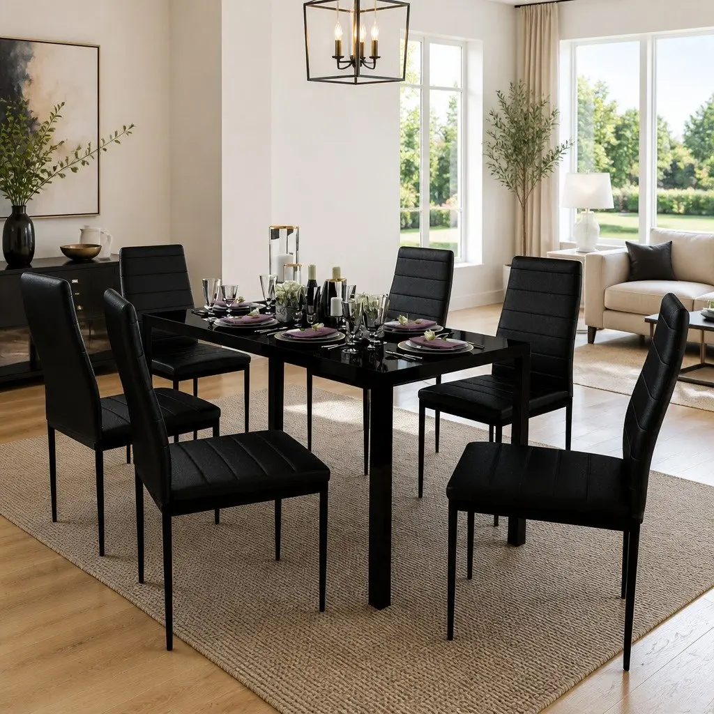 Black Dining Table Set 7 Piece Modern Kitchen Furniture Glass Table with 6 Chairs