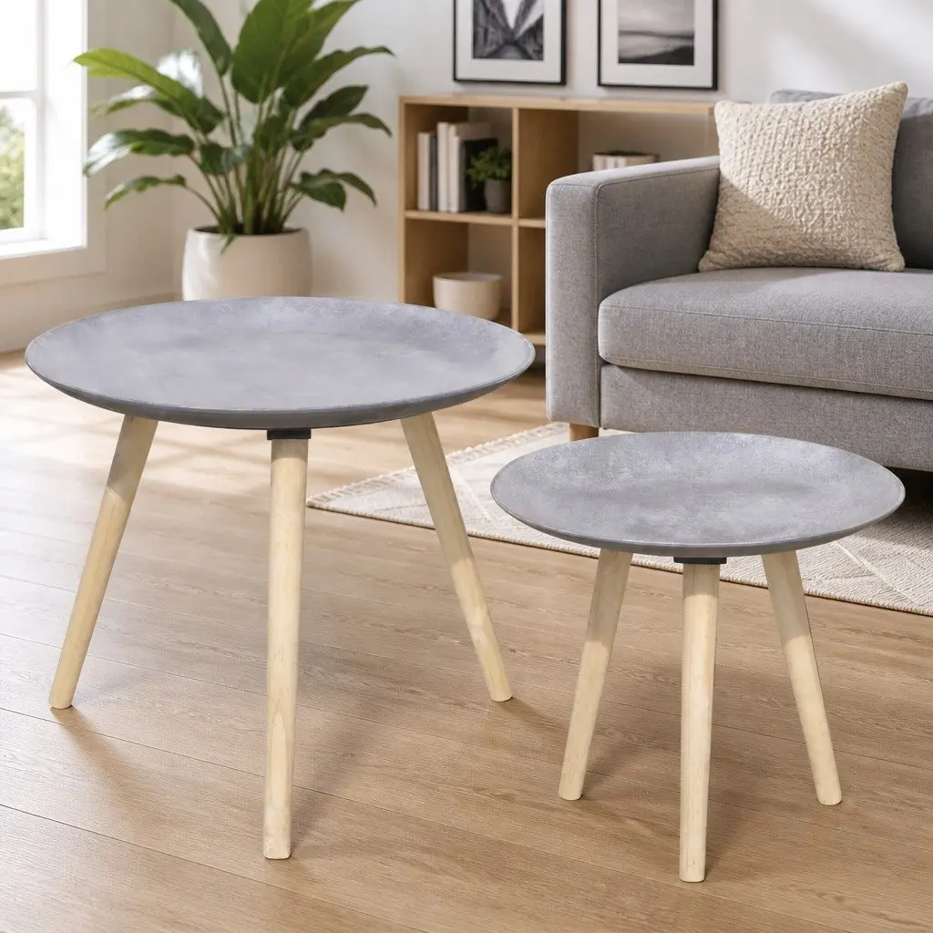 Side Table Set of 2 Round Coffee Tables 55cm 44cm Concrete Grey