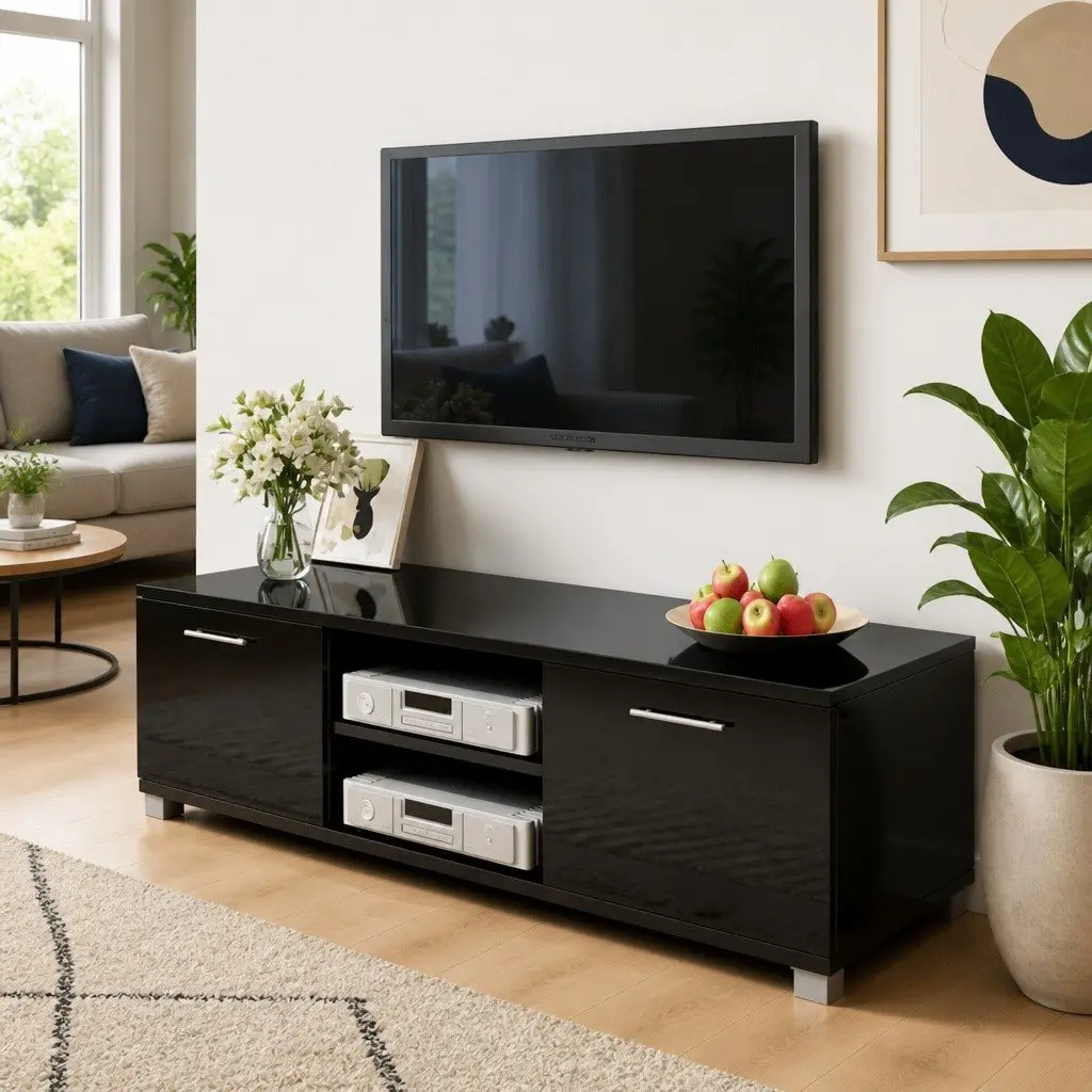TV Cabinet High-Gloss Black Modern Sideboard Entertainment Unit Storage Shelves