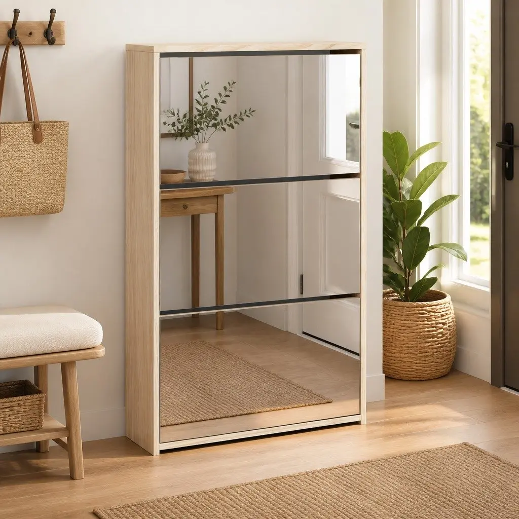 Shoe Cabinet Storage Organiser 3-Layer Mirror Oak Wall Mounted Hallway