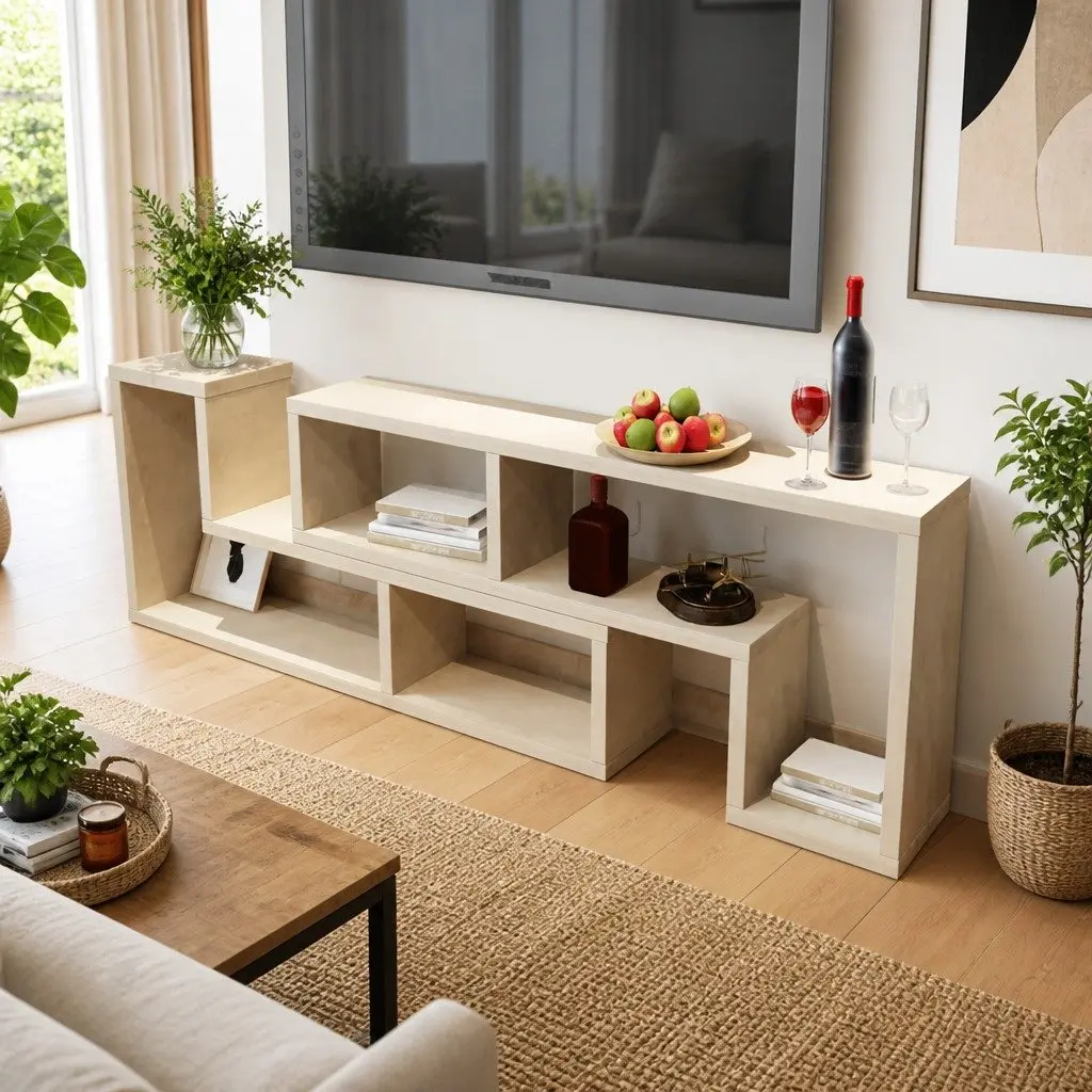 TV Cabinet Storage Unit L-Shaped Shelves Brown Media Entertainment Furniture