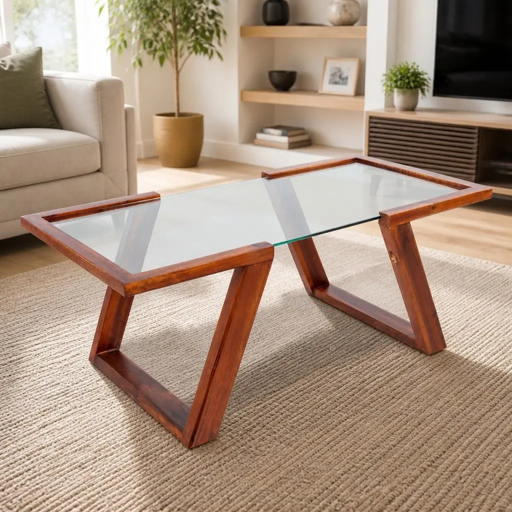 Coffee Table with Glass Top and Solid Wood Base Brown Living Room Furniture