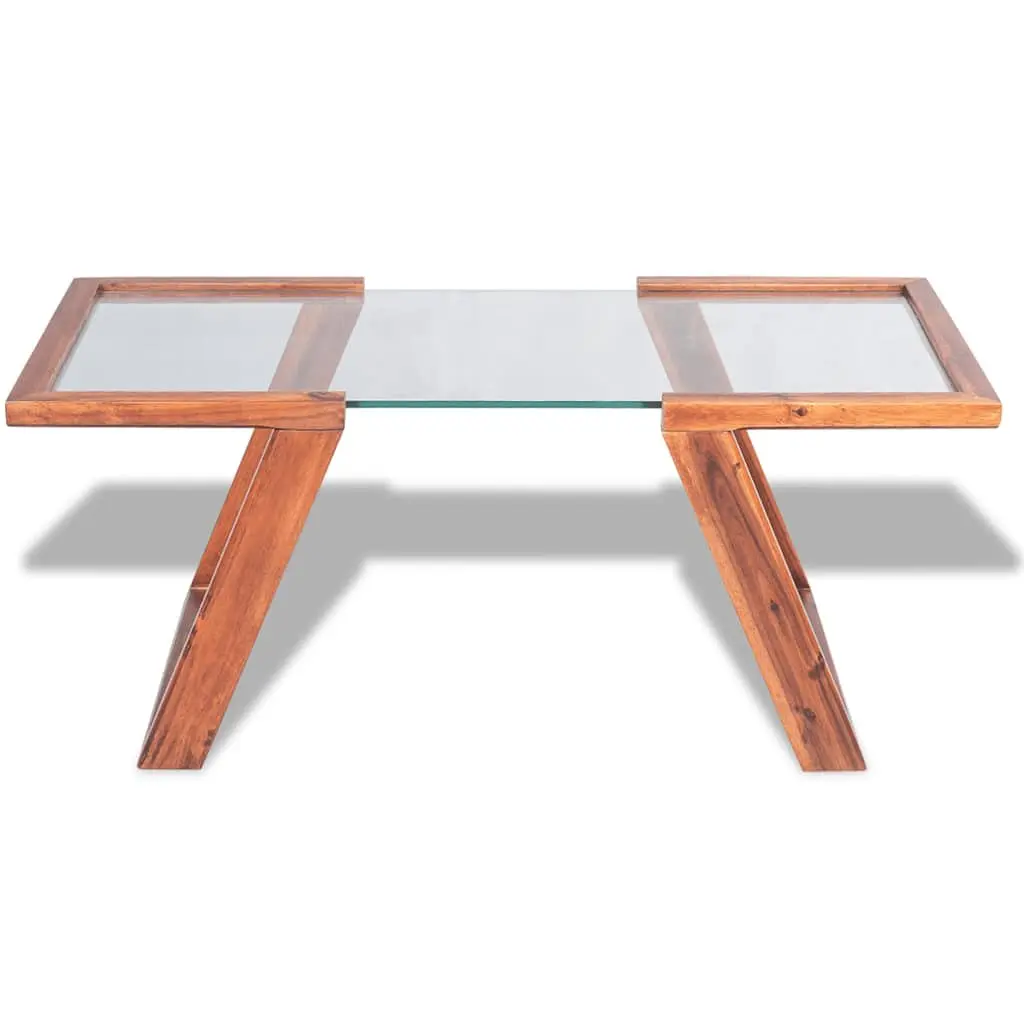 Coffee Table with Glass Top and Solid Wood Base Brown Living Room Furniture