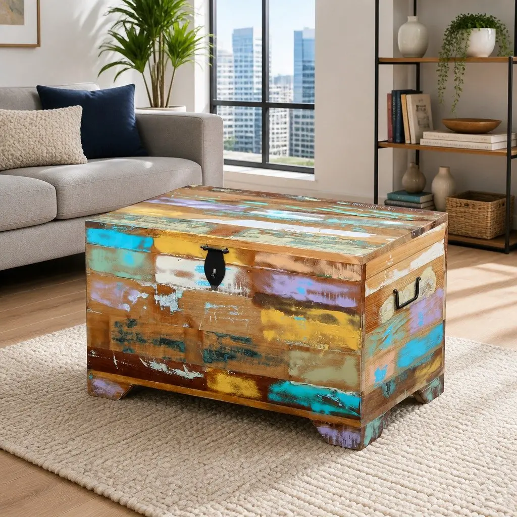 Storage Chest Vintage Handmade Coffee Table Solid Reclaimed Wood Multicolour