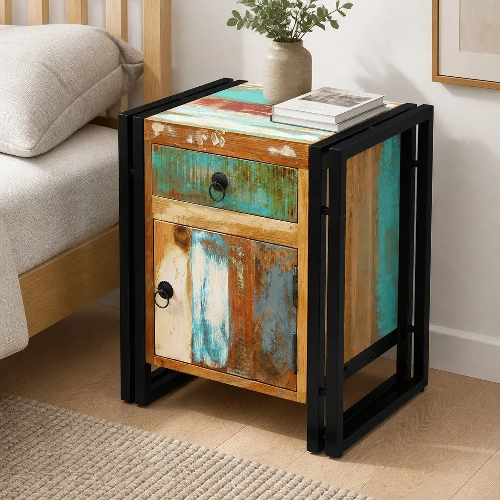 Bedside Cabinet Vintage Style Solid Reclaimed Wood Storage Drawer Multicolour