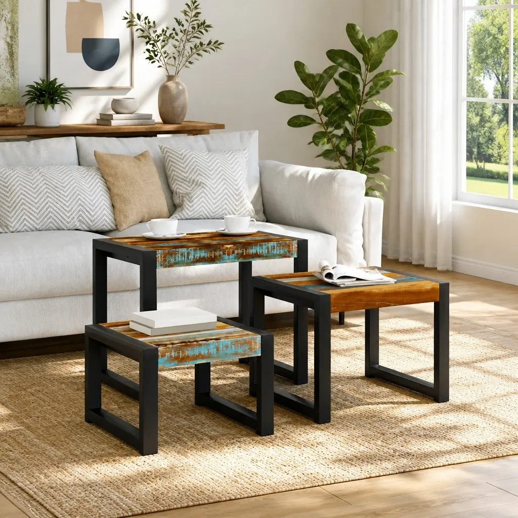 Nesting Tables Solid Reclaimed Wood Stackable End Side Coffee Multicolour 3 Piece