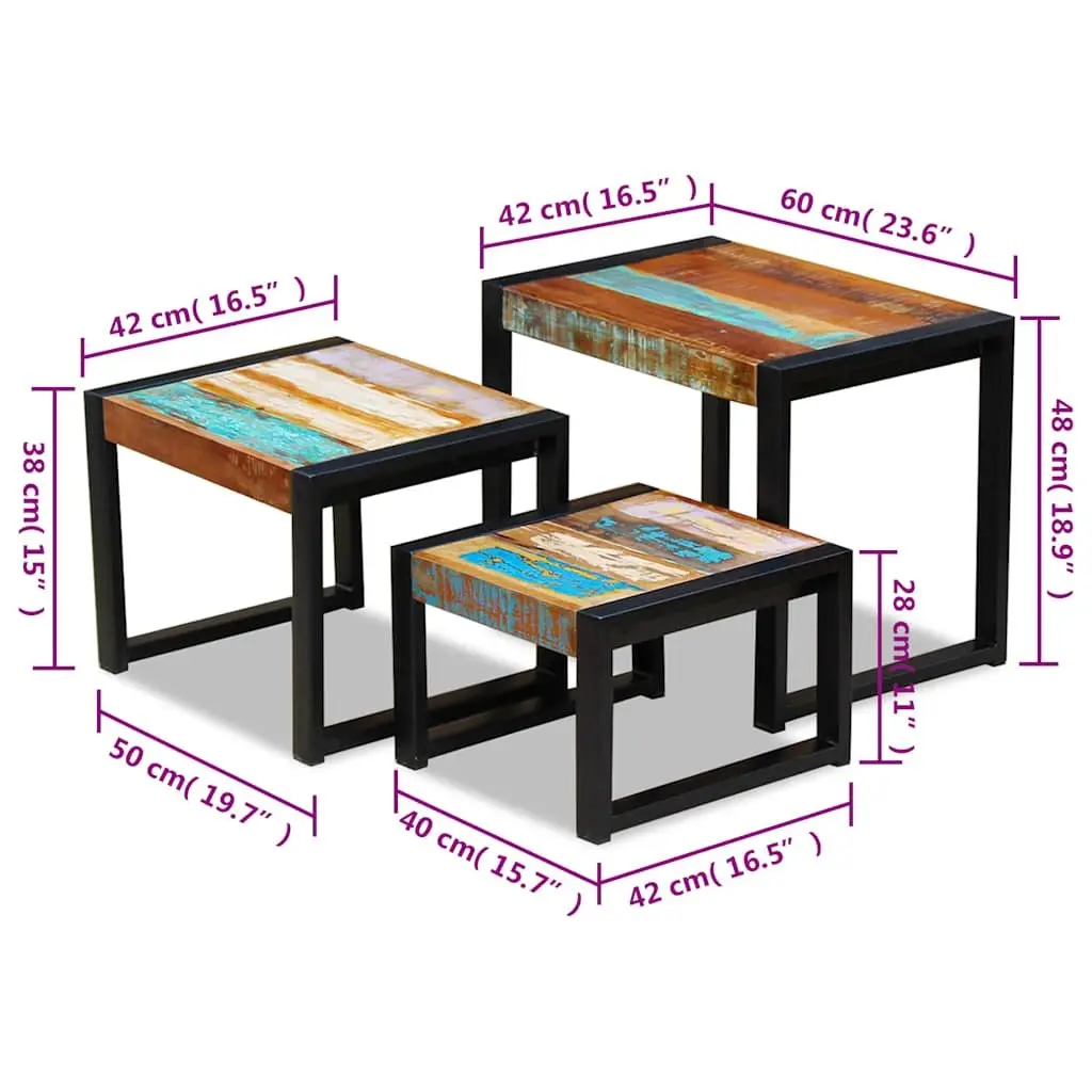 Nesting Tables Solid Reclaimed Wood Stackable End Side Coffee Multicolour 3 Piece