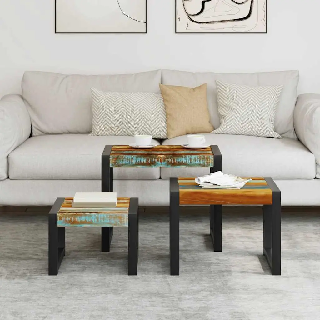 Nesting Tables Solid Reclaimed Wood Stackable End Side Coffee Multicolour 3 Piece