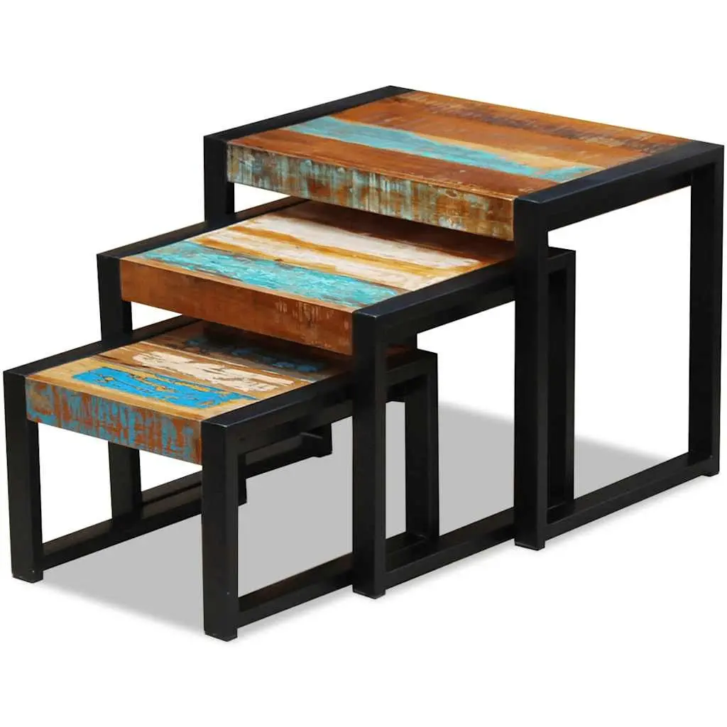 Nesting Tables Solid Reclaimed Wood Stackable End Side Coffee Multicolour 3 Piece