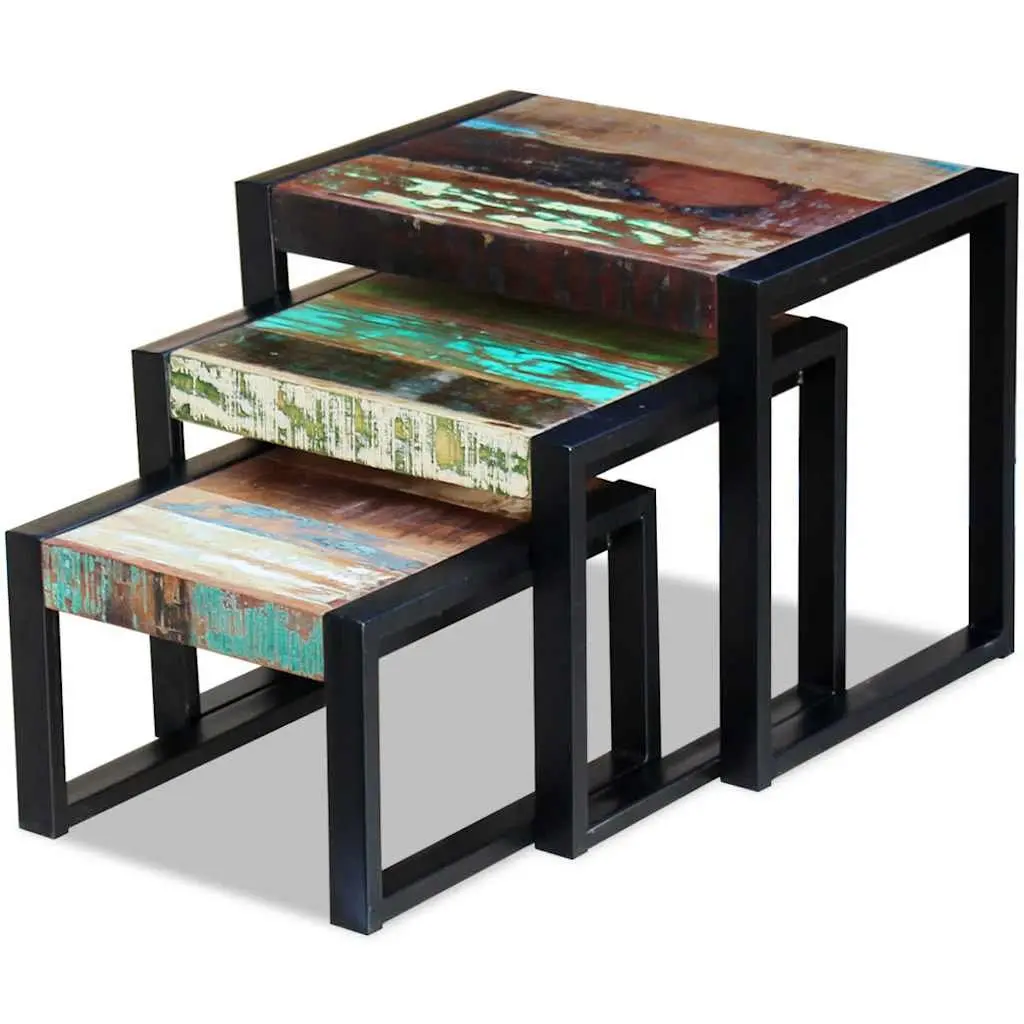Nesting Tables Solid Reclaimed Wood Stackable End Side Coffee Multicolour 3 Piece