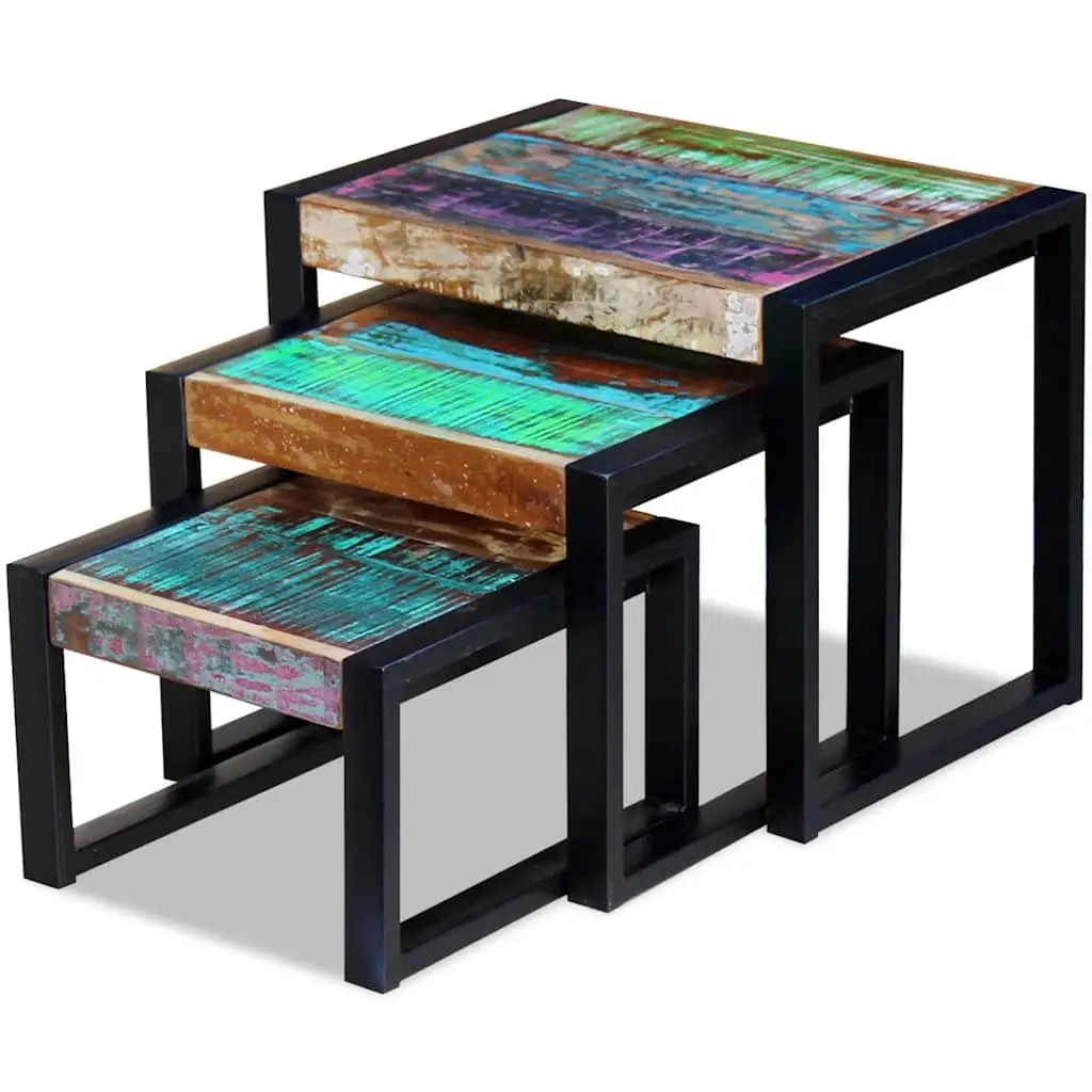 Nesting Tables Solid Reclaimed Wood Stackable End Side Coffee Multicolour 3 Piece