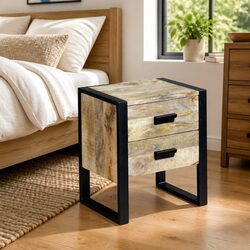 Side Table with 2 Drawers Industrial Style Bedside Nightstand Brown