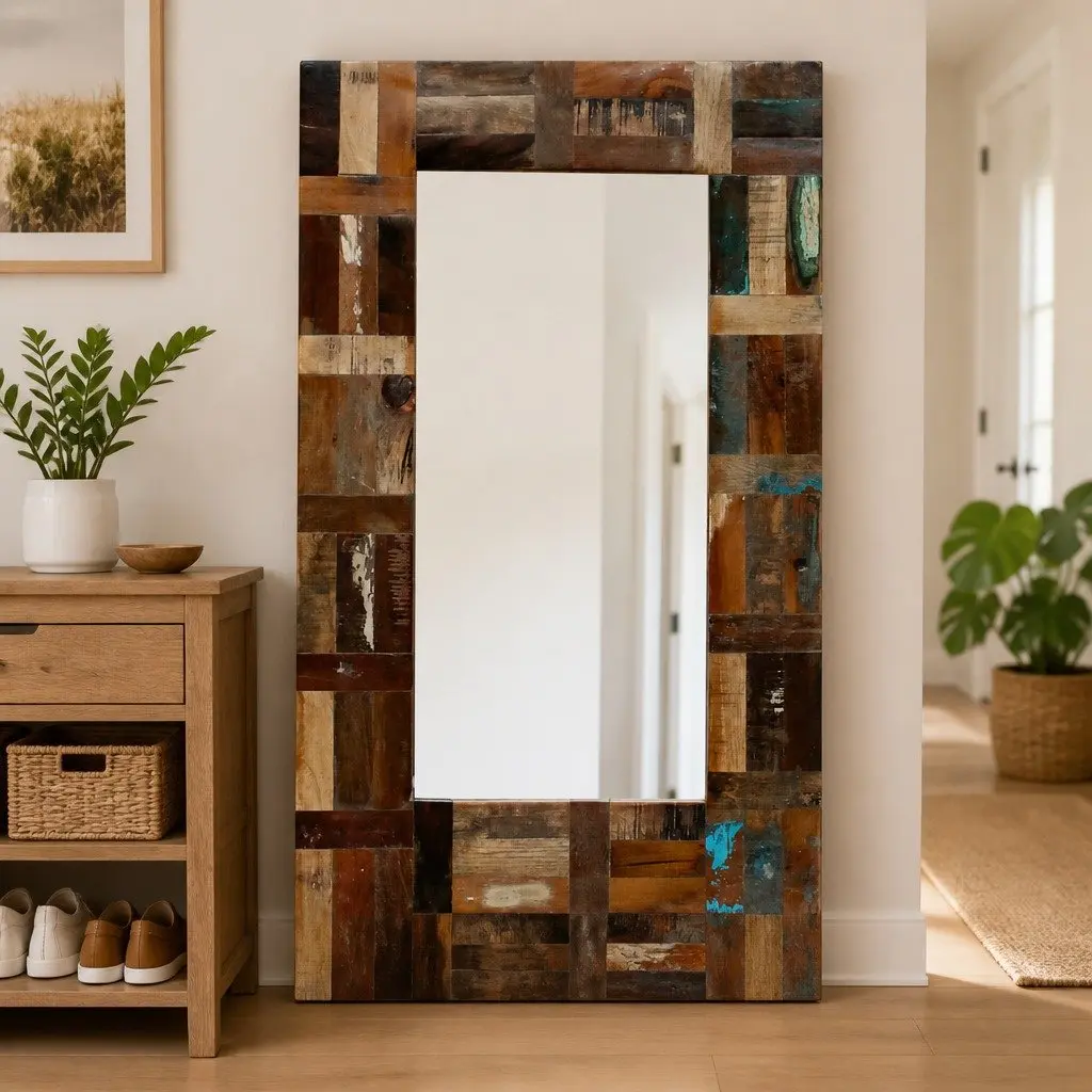 Reclaimed Wood Frame Mirror Handmade Retro Decor 80 x 50 cm Multicolour