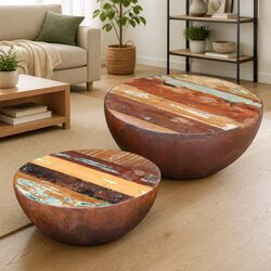 Two Piece Bowl Shaped Coffee Table Set Solid Reclaimed Wood Living Room