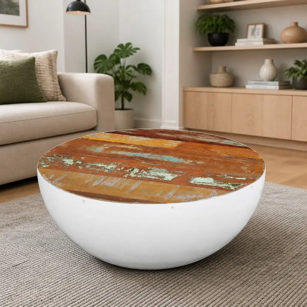 Bowl Shaped Coffee Table Solid Reclaimed Wood White Antique Living Room Furniture