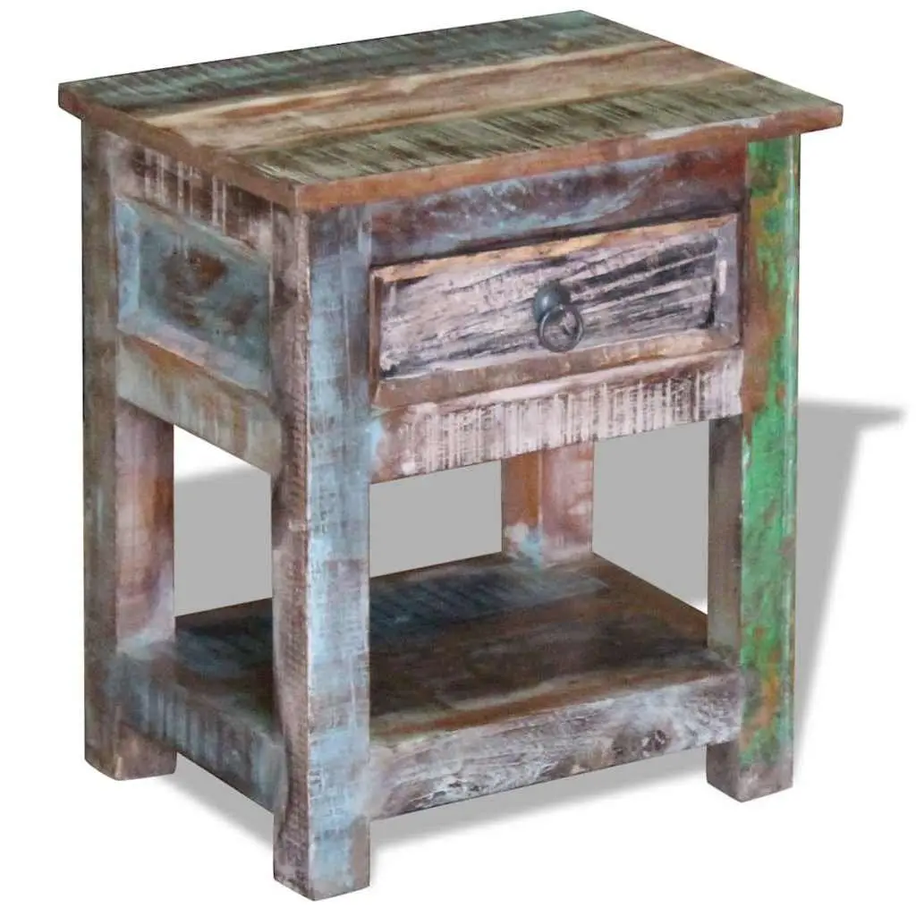 End Table with Drawer Solid Reclaimed Wood Bedside Nightstand Storage Cabinet