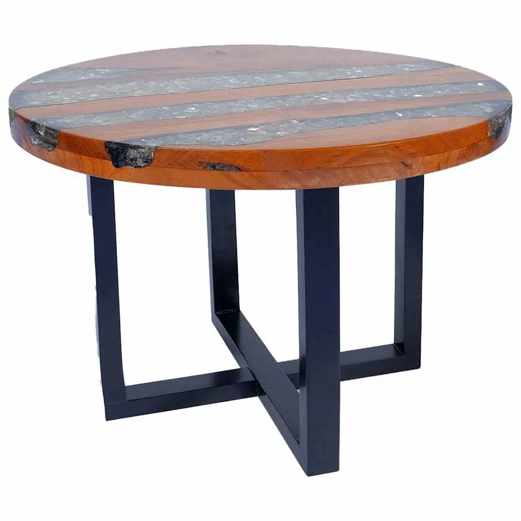 Coffee Table Round Tabletop Teak Mango Wood Resin Decoration Rustic Accent