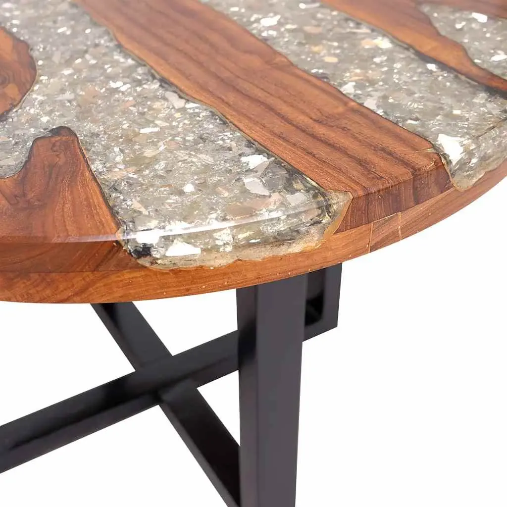 Coffee Table Round Tabletop Teak Mango Wood Resin Decoration Rustic Accent
