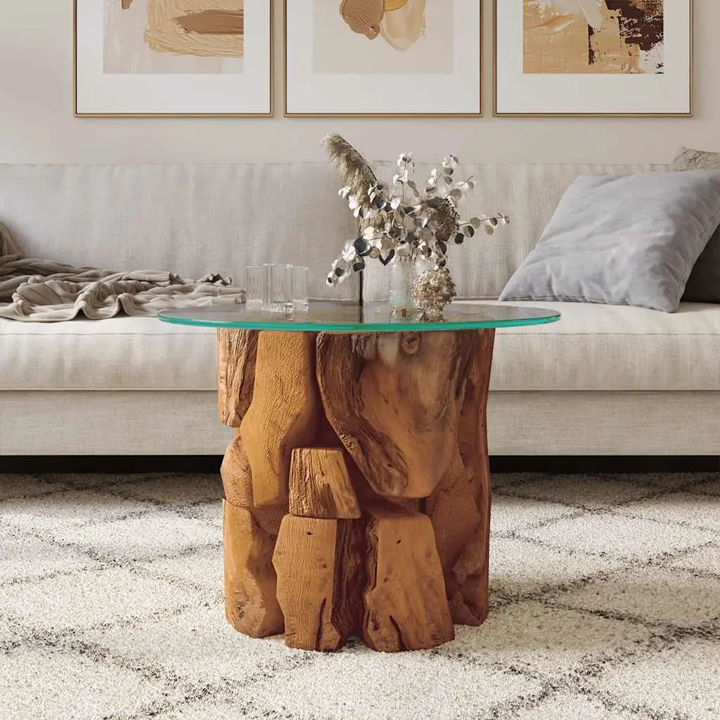 Coffee Table Rustic Handmade 60cm Brown Driftwood Base Tempered Glass Top