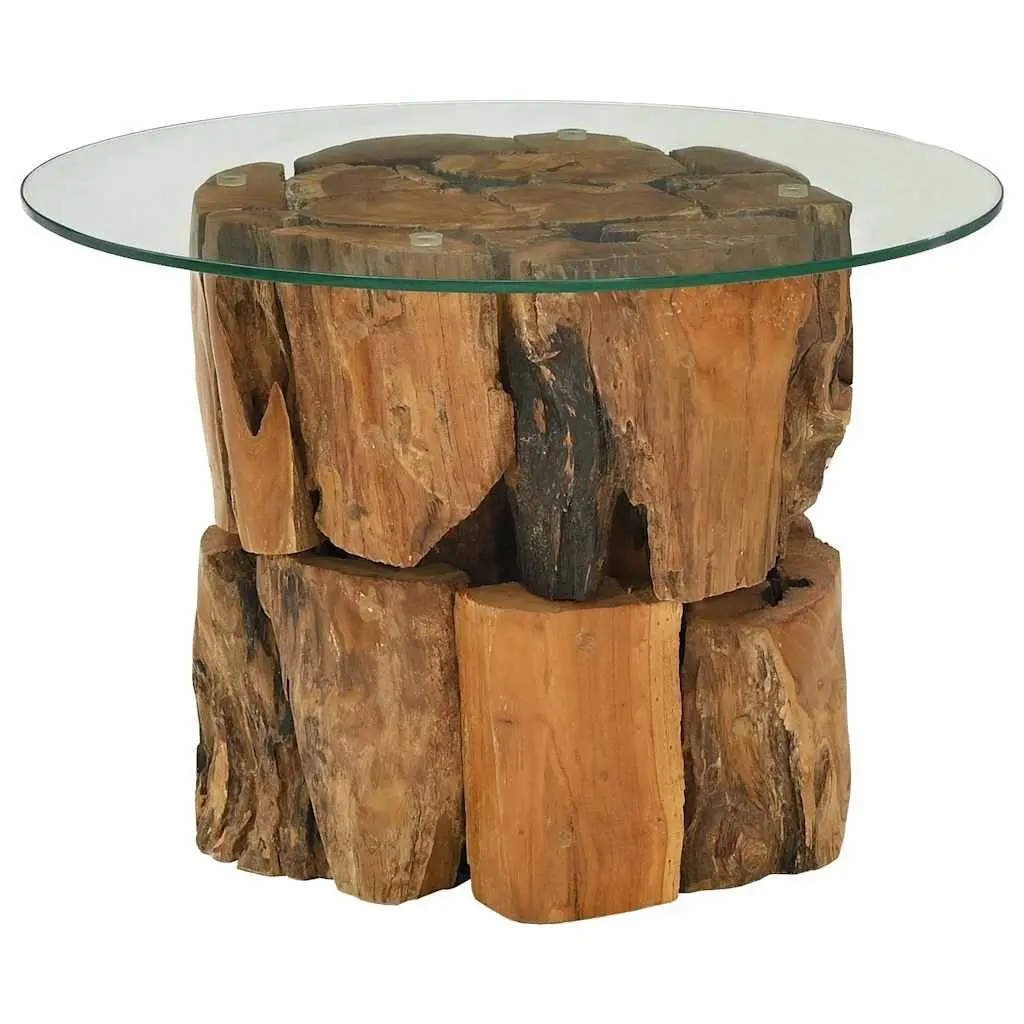 Coffee Table Rustic Handmade 60cm Brown Driftwood Base Tempered Glass Top