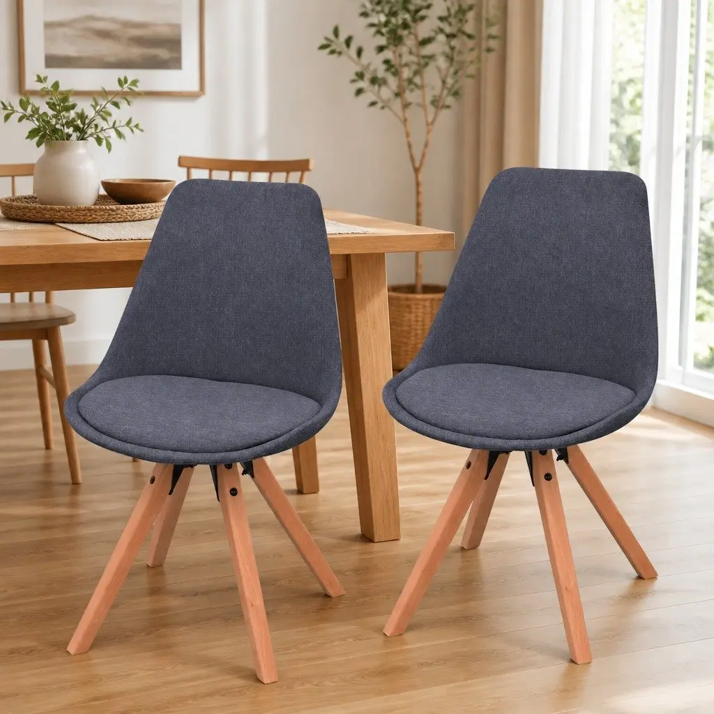 Dining Chairs Retro Kitchen Seating 2 Piece Grey Fabric Padded Seat Wooden Legs