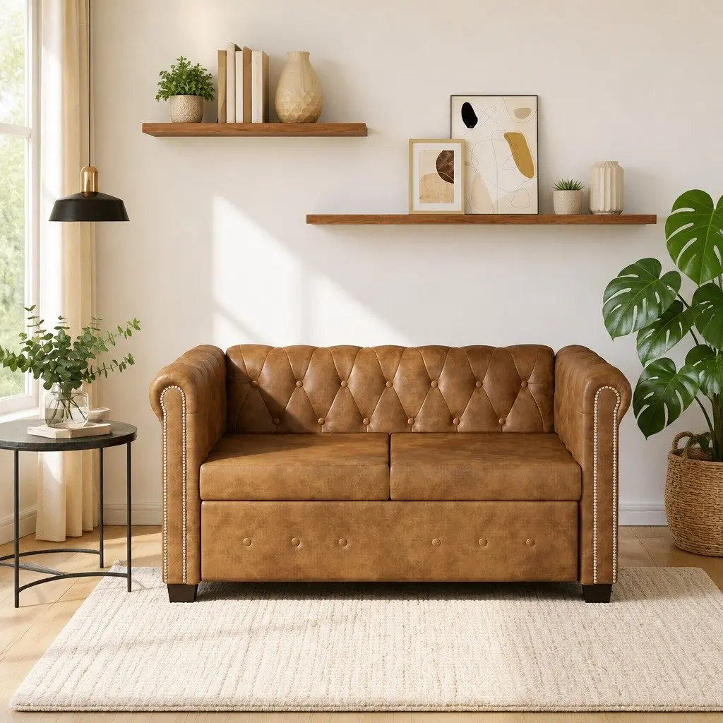 Chesterfield Sofa Tufted Studded 2-Seater Brown Artificial Leather