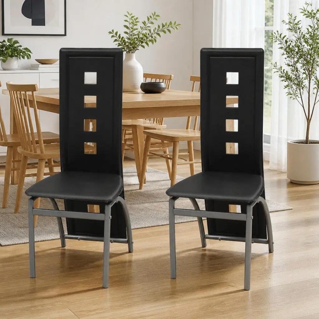 Dining Chairs Set of 2 Black Faux Leather Kitchen Room Furniture High Backrest
