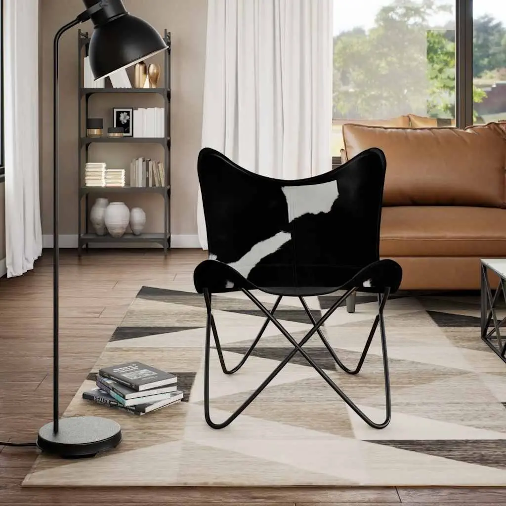 Butterfly Chair Black Real Cowhide Leather Accent Lounge Seating