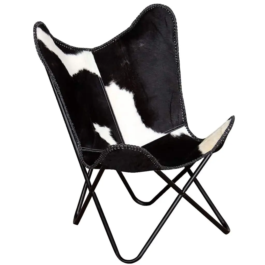 Butterfly Chair Black Real Cowhide Leather Accent Lounge Seating