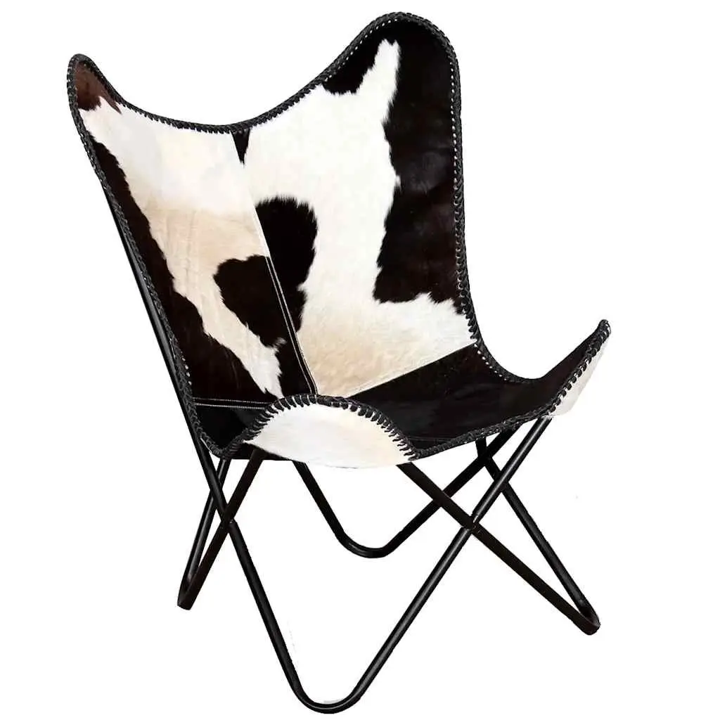 Butterfly Chair Black Real Cowhide Leather Accent Lounge Seating