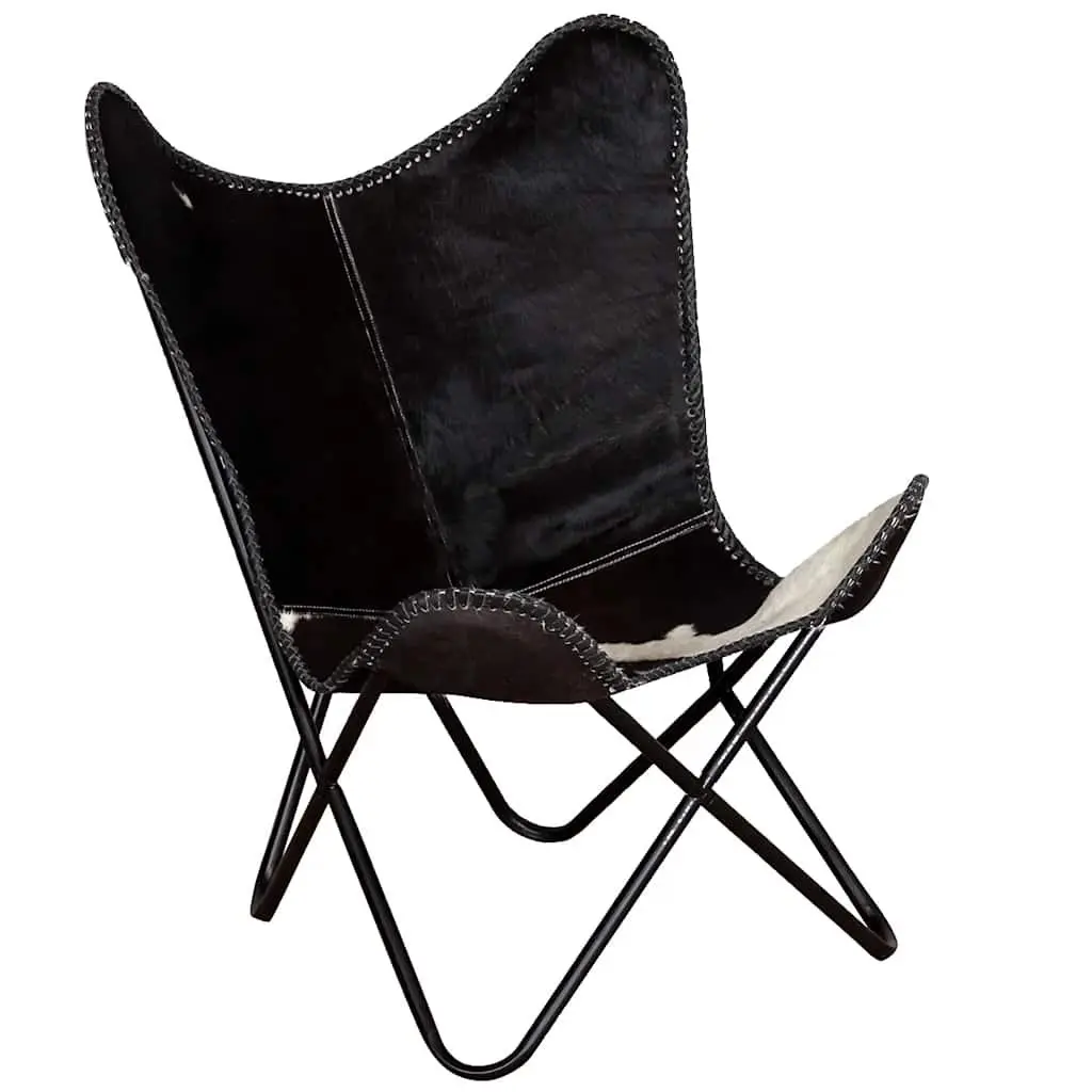Butterfly Chair Black Real Cowhide Leather Accent Lounge Seating